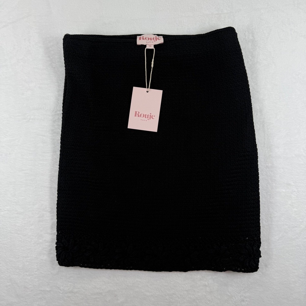 Rouje Paris Calypso Black Knit Crochet detail Midi Skirt‎ Size 36 US 2/4